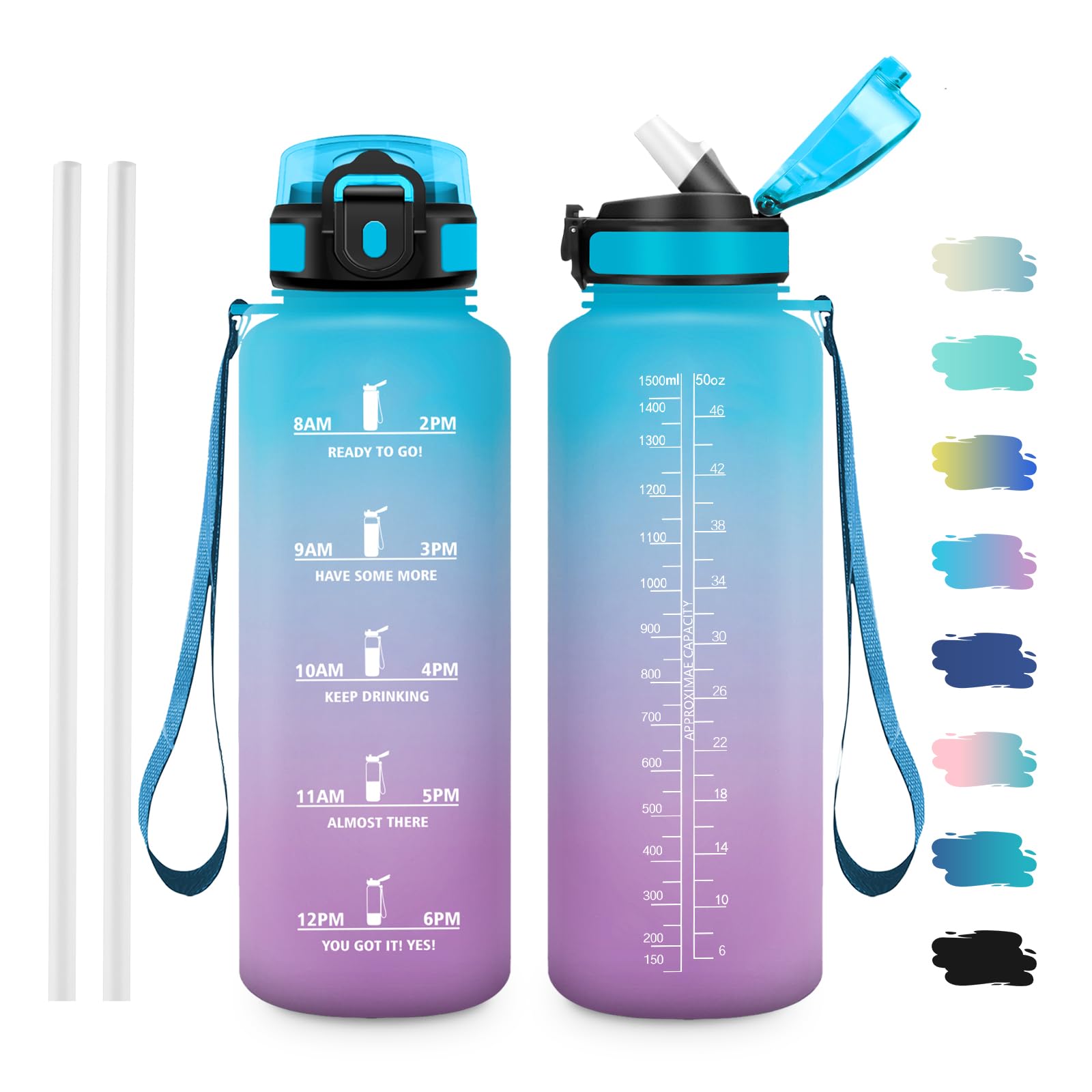 JAPORIA 1.5L Water Bottle, Drinking Bottle with Straw, Reusable Water Bottle, Gym Water Bottles with Time Indicator for Students, Office