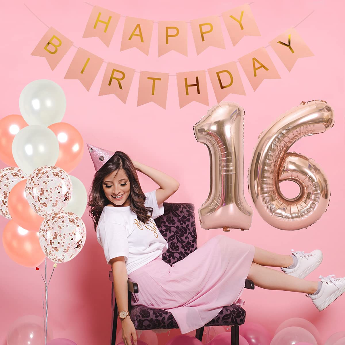 Rose Gold Sweet 16 Happy Birthday Banner Garland voor Sweet 16 Decoraties Opknoping Sweet 16 Tekens voor Meisjes 16e Verjaardagsfeest Decor 16e Gelukkige Verjaardagsfeest Teken voor Sweet Sixteen
