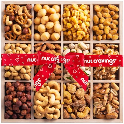 NUT CRAVINGS - Valentines Day Mixed Nuts Gift Basket in Reusable Wooden Tray + Heart...