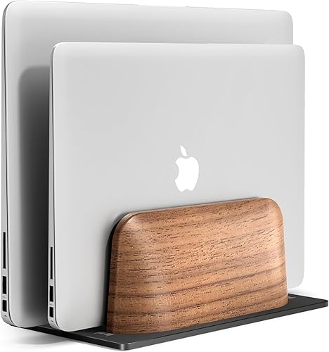 UPERGO Soporte vertical para laptop, soporte vertical de madera de doble ranura para escritorio, base ajustable de ancho para MacBook Pro y otras
