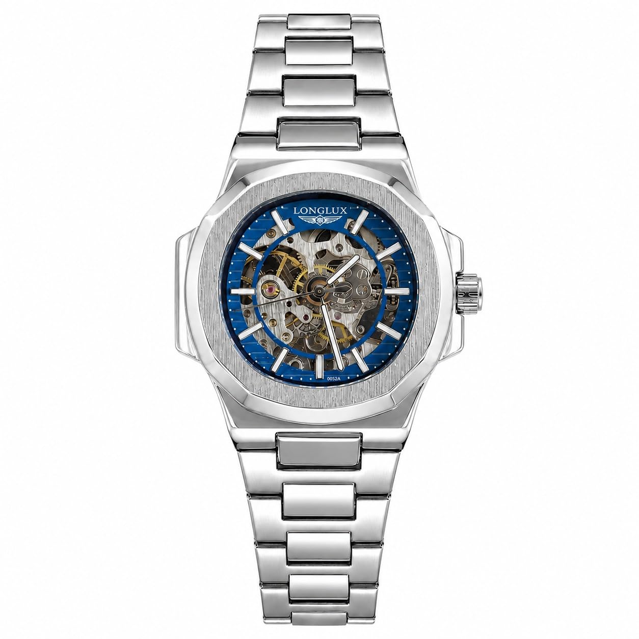 Genérico LONGLUX Męski szkielet automatyczny zegarek analogowy ze stali nierdzewnej z metalową bransoletą, mechaniczna niebieska tarcza, elegancki styl do noszenia na co dzień