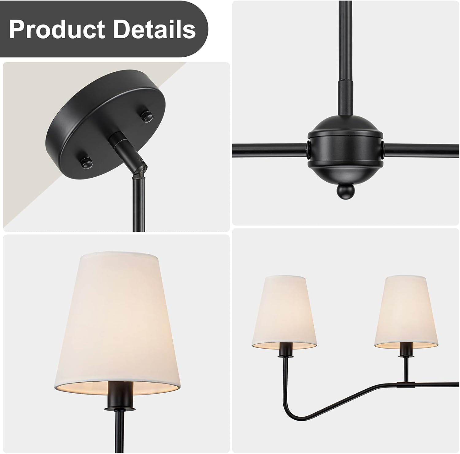 Black Linear Farmhouse Chandeliers, 4-Lights Classic Modern Kitchen Island Lighting with White Fabric Shade, 47" Adjustable Dining Room Light Fixture Over Table for Bedroom Living Room, E12