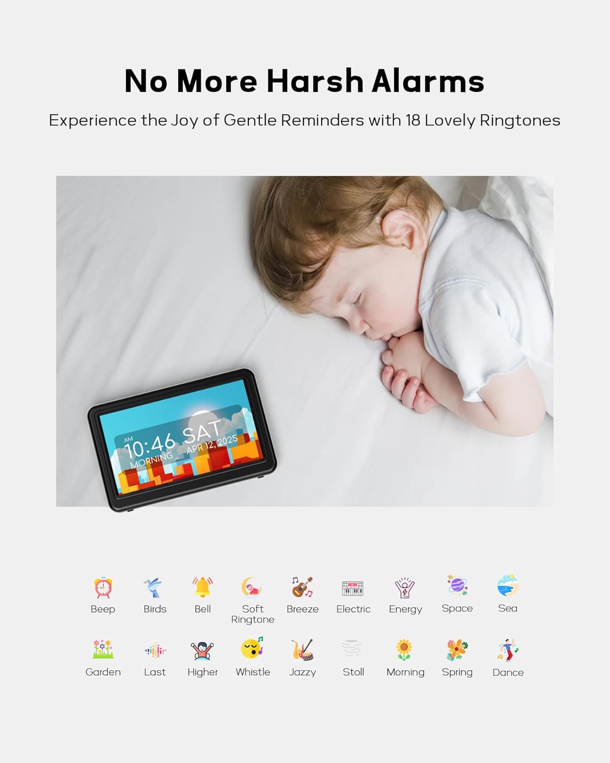 A baby sleeping peacefully next to the Mesqool clock, with icons of various gentle ringtones displayed below, and text 'No More Harsh Alarms'.