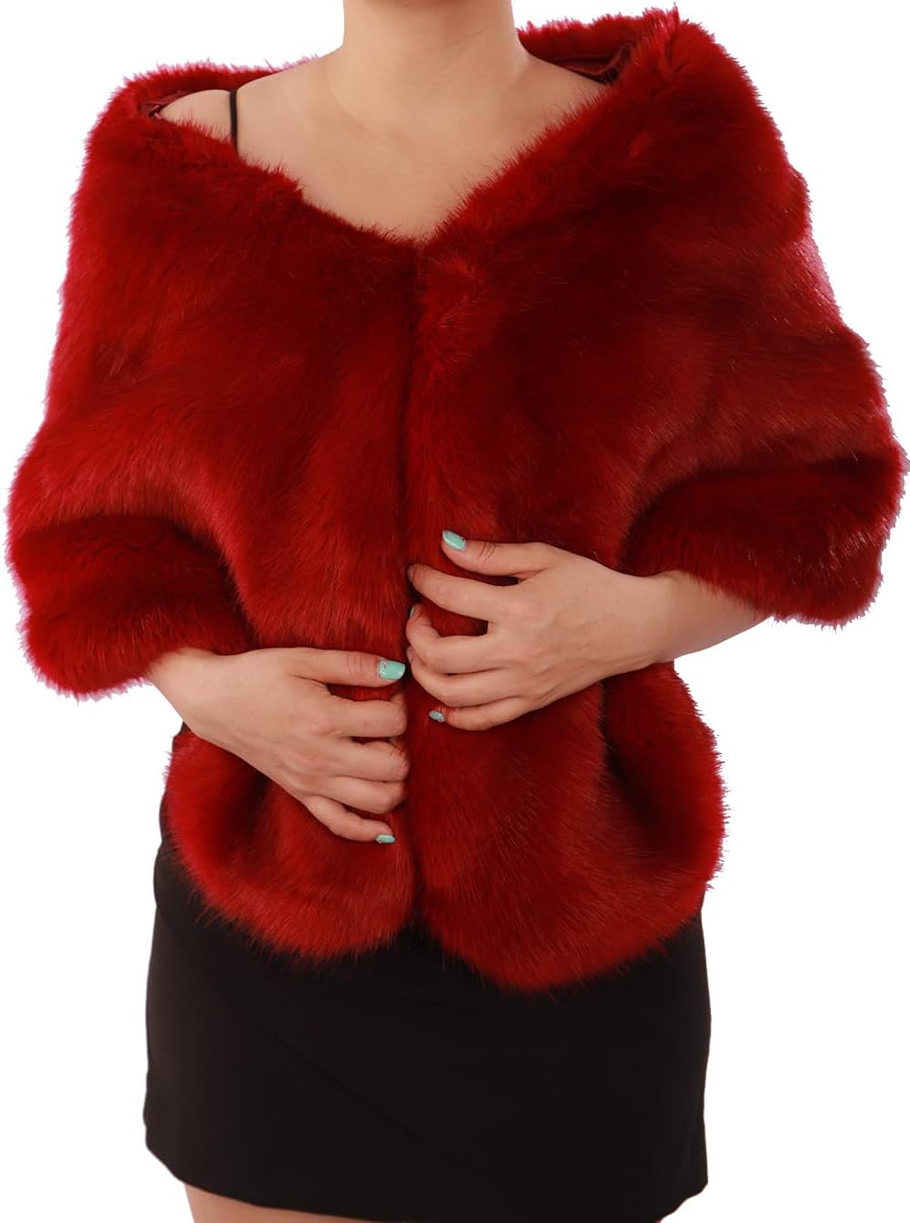 Octwine Fashion Bride Faux Fur Shawl Wrap Warm Comfortable Stole Shrug Winter Bridal Wedding Cover Up Long Shawl Cloak Cape Coat for Women (Red) - Image 4