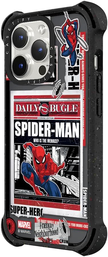 CASETiFY Bounce iPhone 15 Pro Case [Spider-Man Co-Lab / 6X Military Grade Drop Tested / 21.3ft Drop Protection/Compatible with Magsafe] - Spider-Man Newspaper Sticker Case - Triple Black