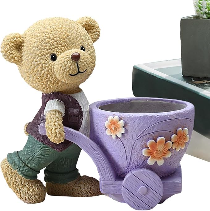 Image of Cute Bear Succulent Planter with Floral Cart - Resin Mini Pot for Desk, Home or Kids Room Decor - Decorative Animal Plant Holder | No Plants or Floral Included (Purple)