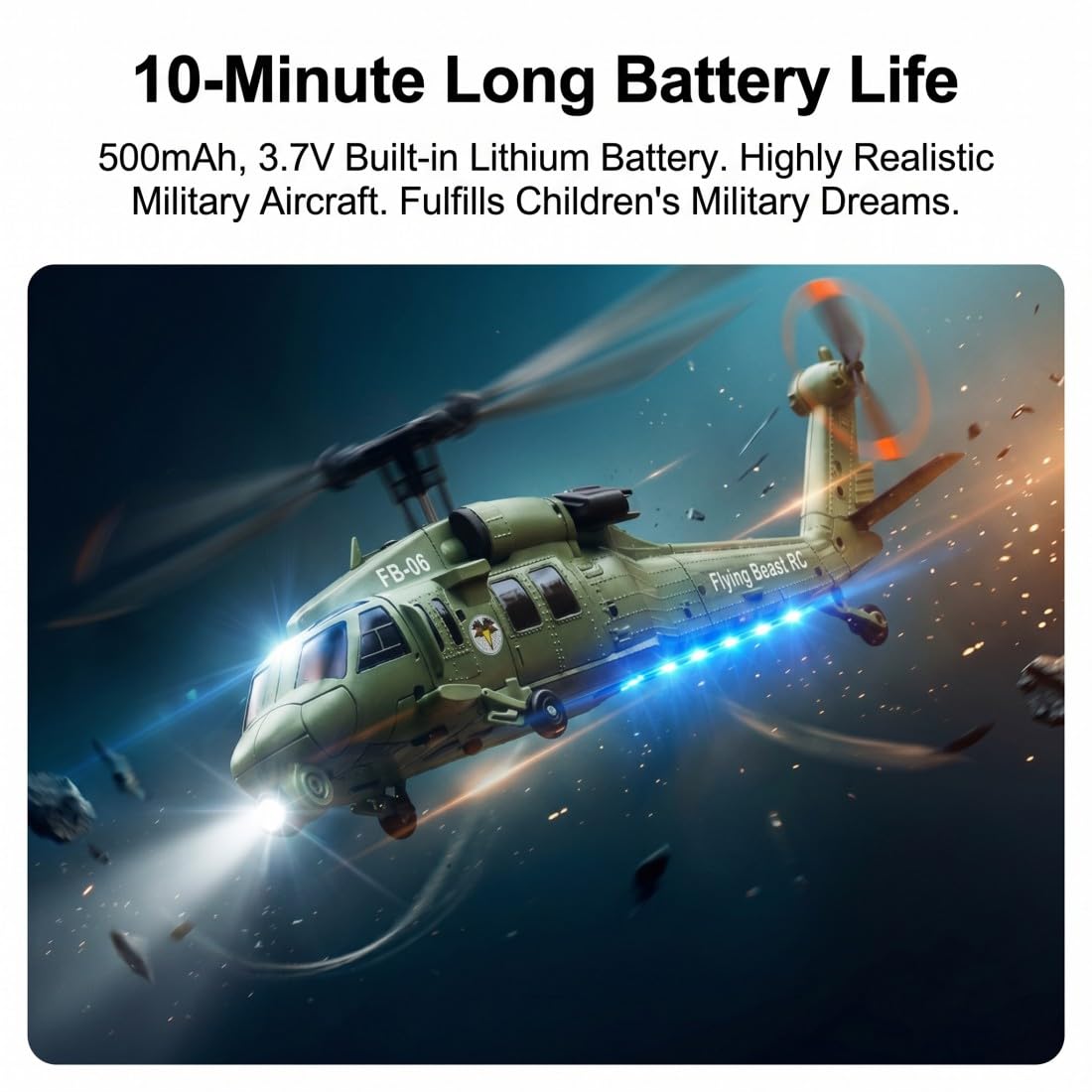 Elicottero RC FB06, motore brushless da 2,4 GHz, giroscopio a 4 canali a 6 assi, mantenimento dell'altezza e flusso ottico, illuminazione a LED (3 batterie)