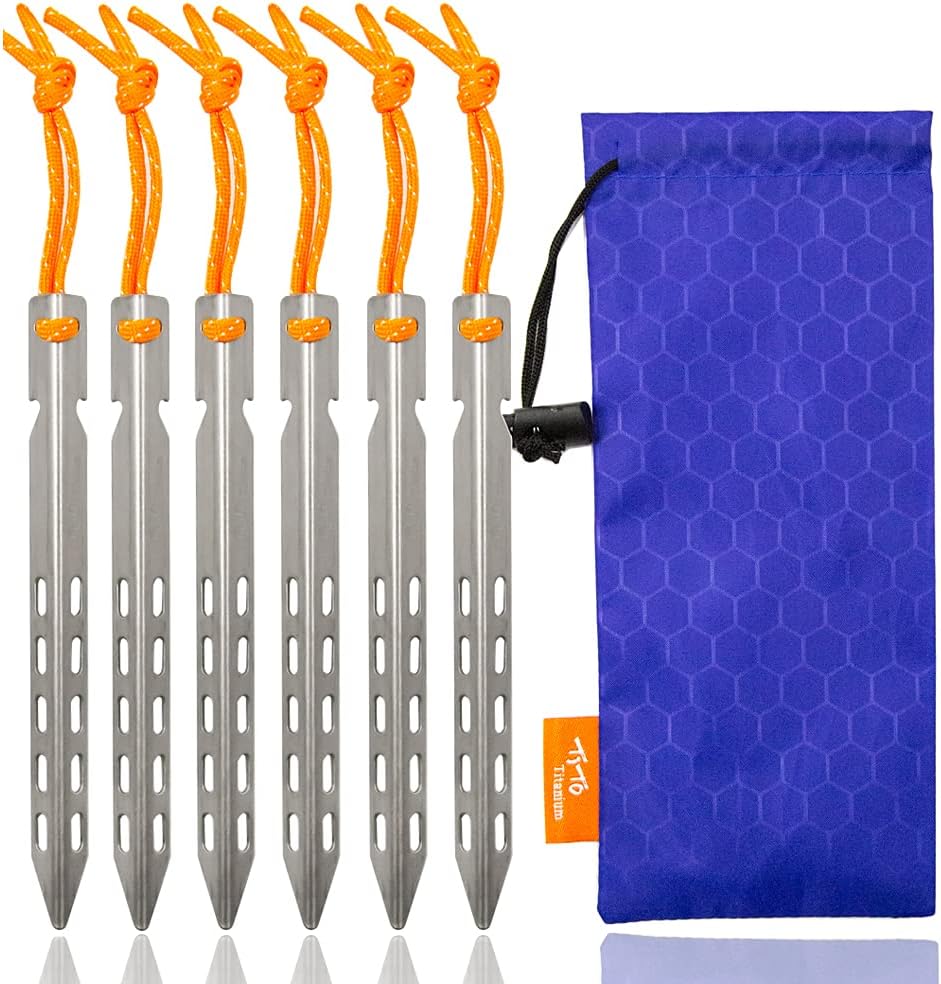 TiTo 6 Pack Titanium Tent Stakes 10X10X160mm V-Shaped Windproof Tent Nail Pegs with Carrying Pouch for Camping, Hiking, Gardening and Canopy (Silver,10X160mm)