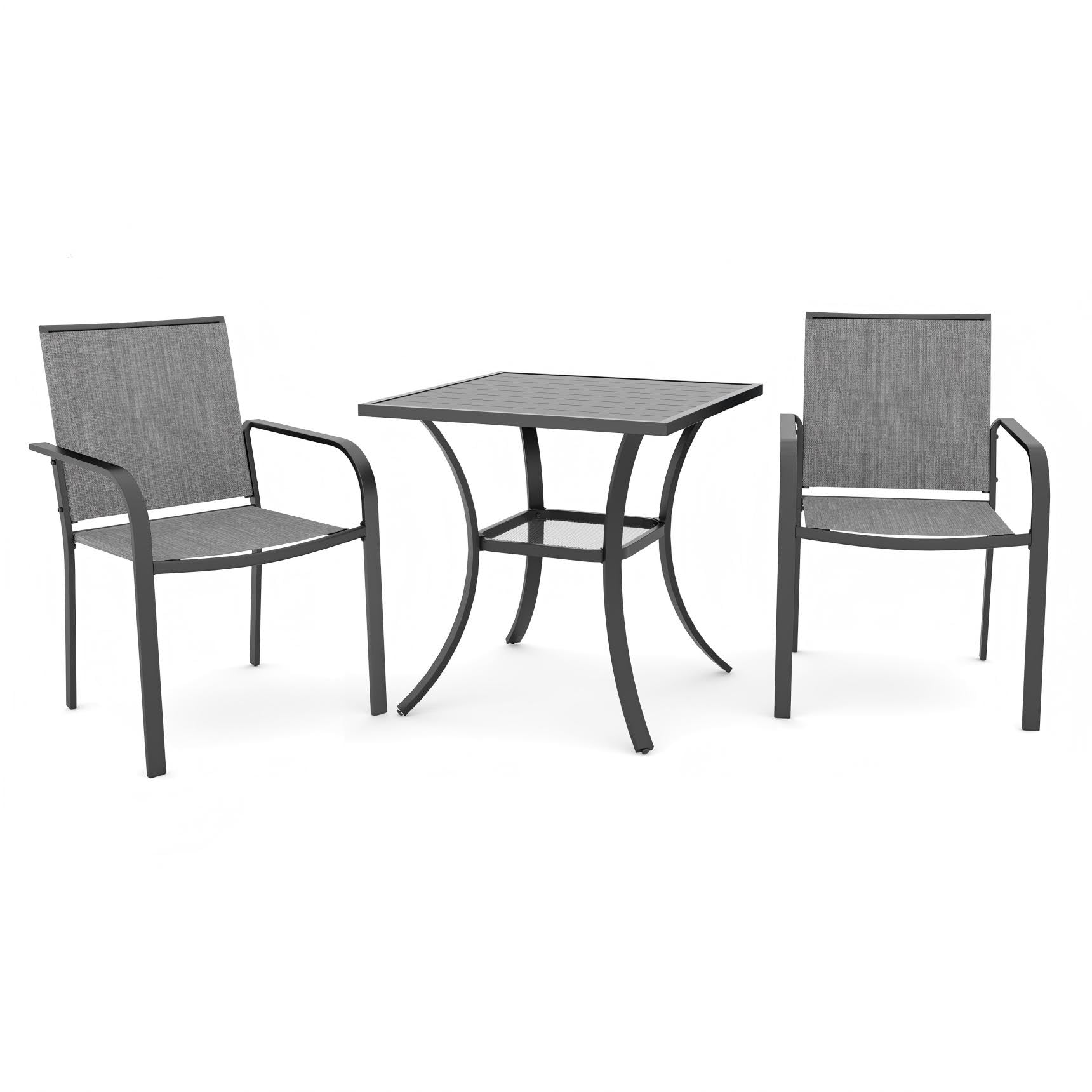Anmutig Outdoor Bistro Set for 2, Stackable Chairs &amp; Square Table, Gray