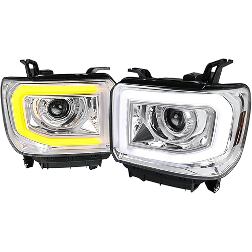 SPEC-D TUNING Chrome LED Tube Projector Headlights Compatible with 2014-2015 GMC Sierra 1500 2015-2019 2500HD 3500HD Left + Right Pair Headlamps Assembly