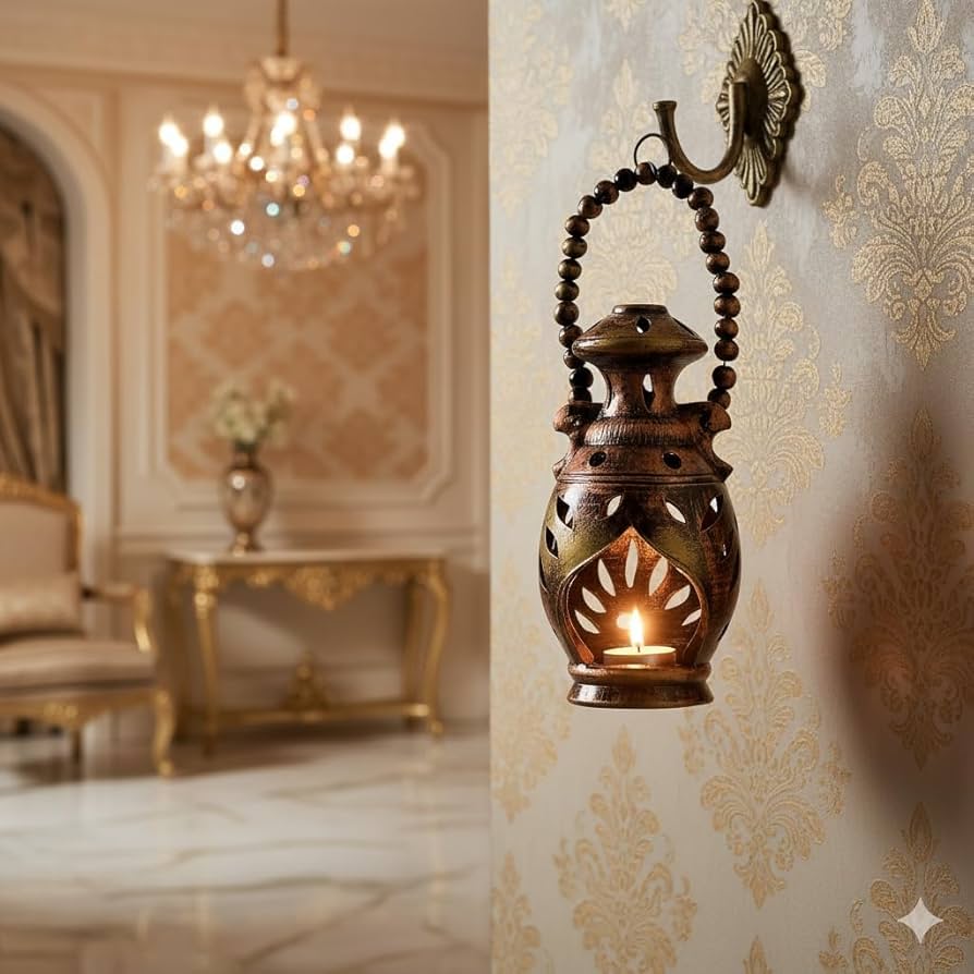 The Handicraftian Terracotta Lantern with Beaded Handle, 28 cm