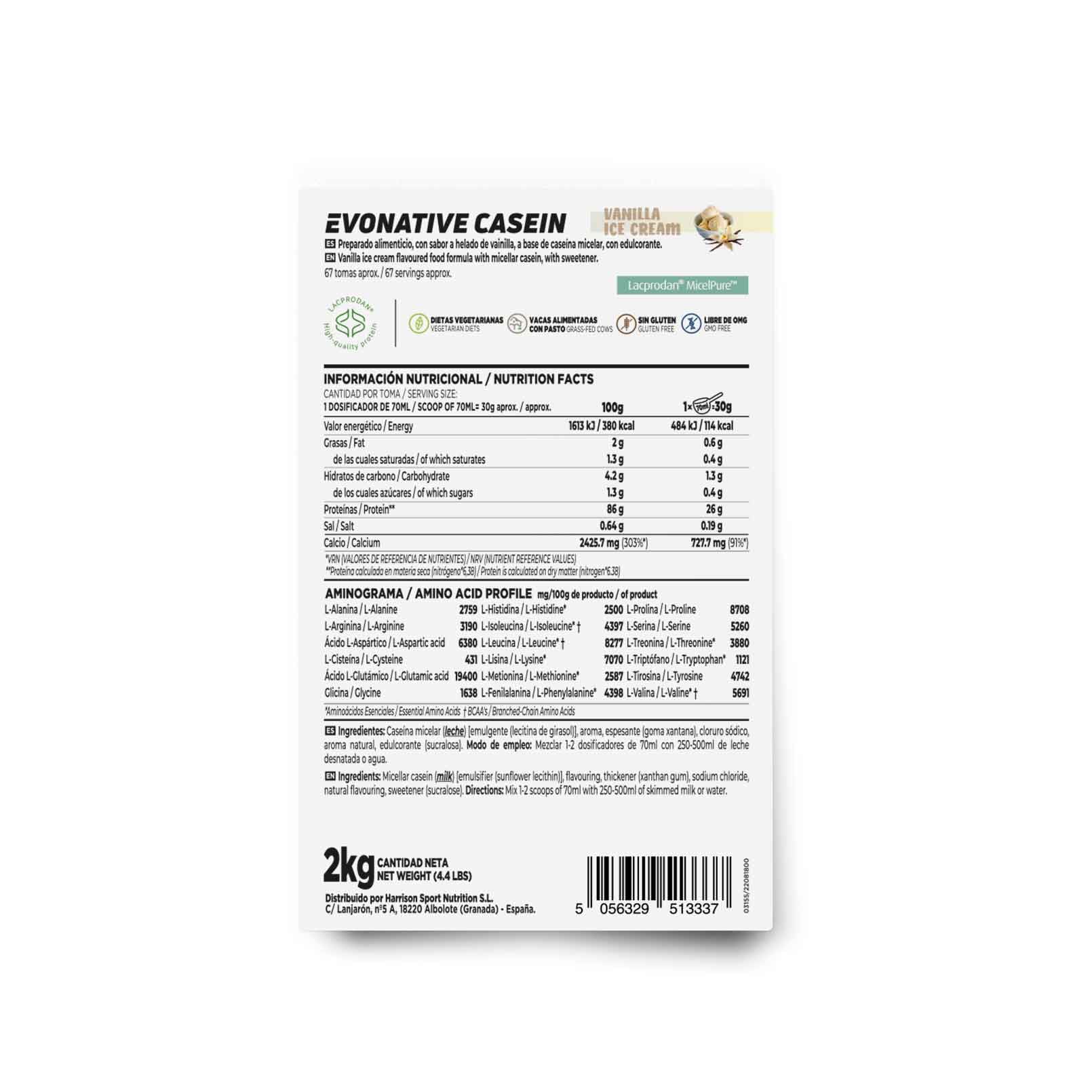 HSN Evonative Casein Native Micelarna Kazeina (87% rodzimej miceli) | Lody waniliowe 2 kg | Arla Lacprodan MicelPure | Nie zawiera dozownika | Bez -GMO, wegetariańska, bezglutenowa