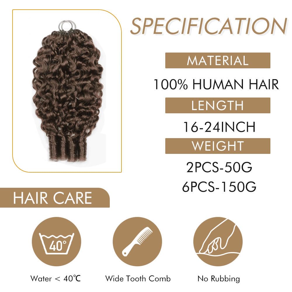 Renyarch Feather Crochet Human Hair - Extensiones de Pelo Humano Burmese Curly Pre-Separado para Mujeres Negras, 2 uds 50g Crochet Braids Water Wave Nudos Invisibles, 18 Pulgadas 4# Marrón