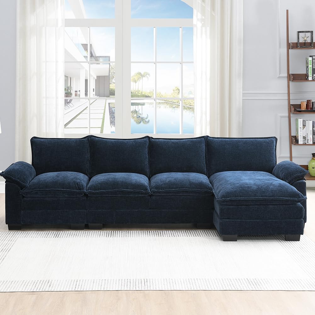 Sofá seccional azul de 118 pulgadas, sofá en forma de L, cómodo sofá de nube de chenilla con tumbona para sala de estar, departamento, oficina