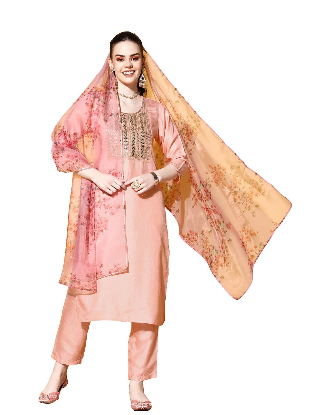 Ishin Women's Silk Blend Peach Yoke Design A-Line Kurta Trouser Dupatta Set