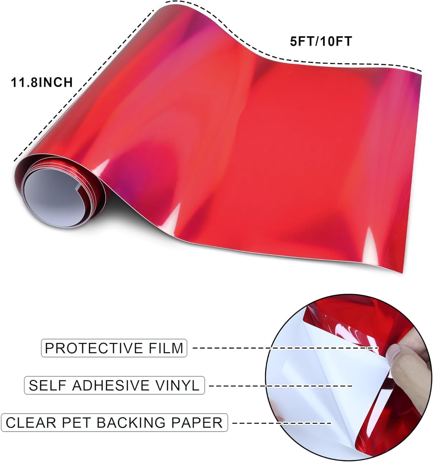 Foneso Holograficzna Laserowa Koloru Czerwonego, PET Chrom Metaliczny Folia do Samochodu, 150 x 30 cm, Samoprzylepna Folia z Winylu do Samochodów, Motocykli, Rowerów, DIY, Wewnętrzna i Zewnętrzn