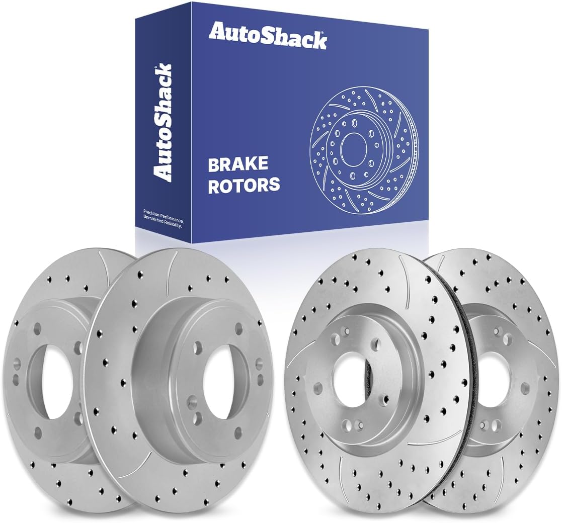 AutoShack Front Vented & Rear Solid Drilled & Slotted Coated Brake Rotors Silver Matte Finish 4-PC Set Replacement for 2011-2020 Hyundai Elantra 2014-2022 Kia Soul 2014-2022 Kia Forte TurboGuard