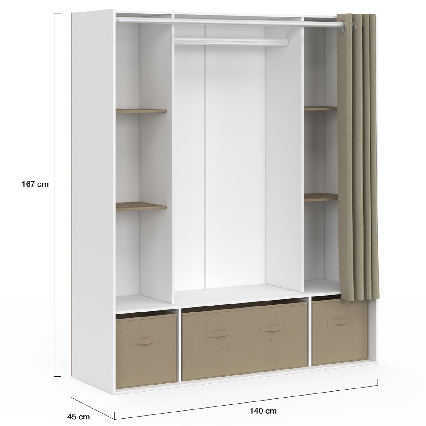 IDMarket - Dressing double penderie DIANE 140 x 45 x 167 cm blanc avec étagères + boites de rangement + rideau taupe