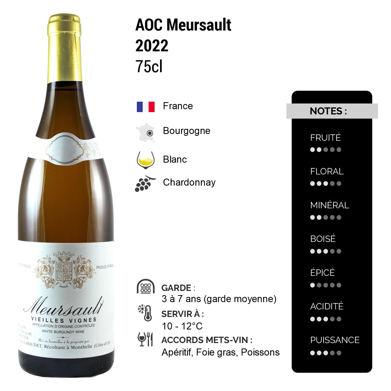 Meursault Vieilles Vignes - Blanc 2022 - Domaine Paul Garaudet - Vin Blanc de Bourgogne (3x75cl)