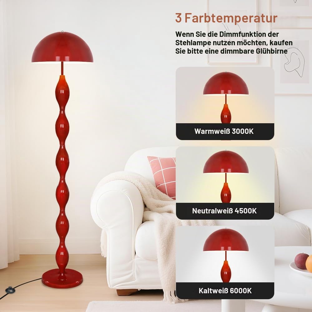 Einzigartige Stehleuchte für das Wohnzimmer, kreative funky rote LED-Pilzlampe 63"mit 3 variablen Farben, moderne Stehleuchtes für das Schlafzimmer,das Büro,die Ecke