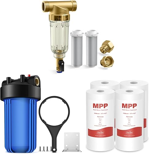 SimPure Filtro de sedimento giratorio de 40 micrones (1 juego), carcasa de filtro de agua para toda la casa (1 juego) y cartucho de repuesto de