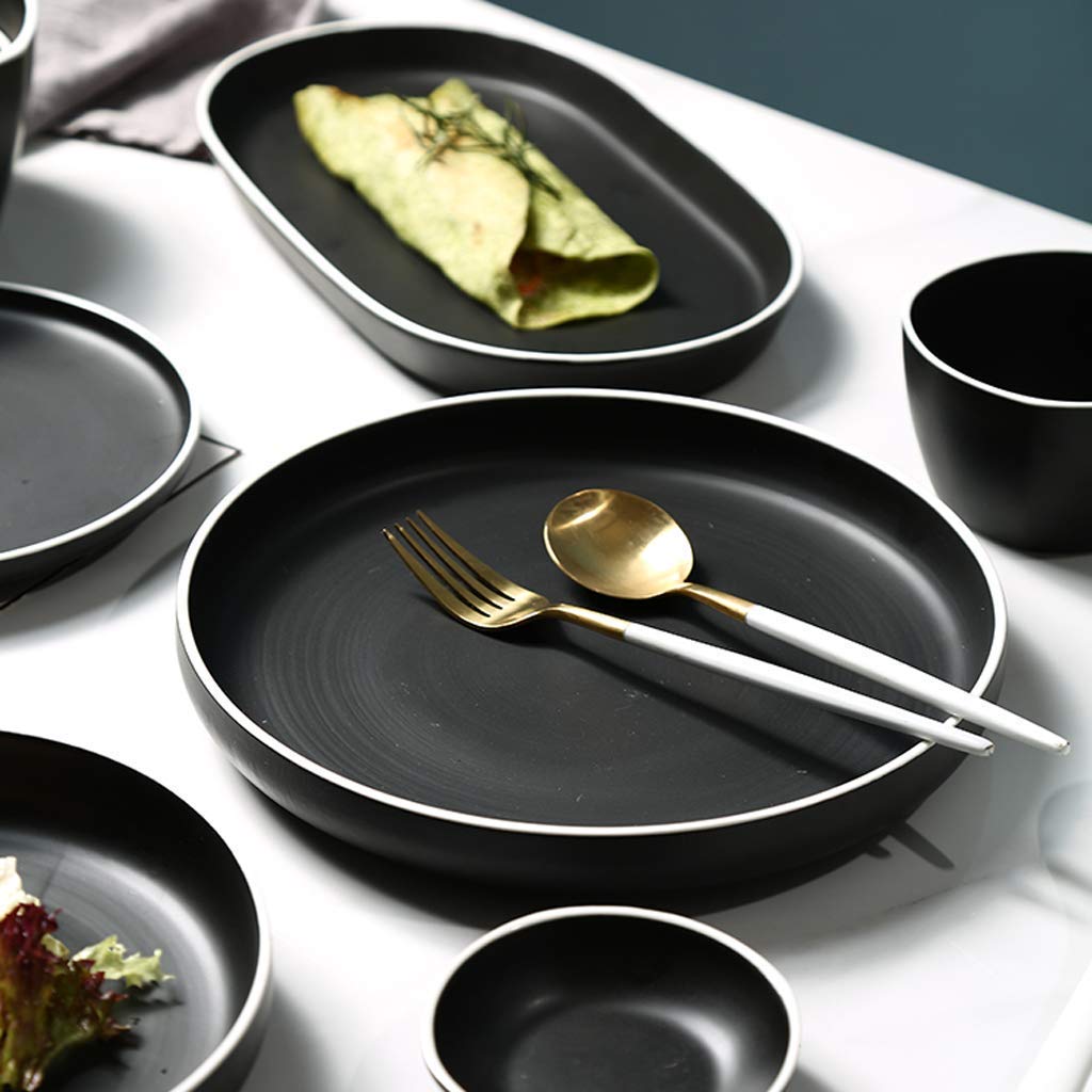Keramik-Geschirrsets, 48-teiliges Porzellan-Geschirr-Kombinationsset | Schwarze Matte Steakteller und Müslischalen-Sets für besondere Restaurants