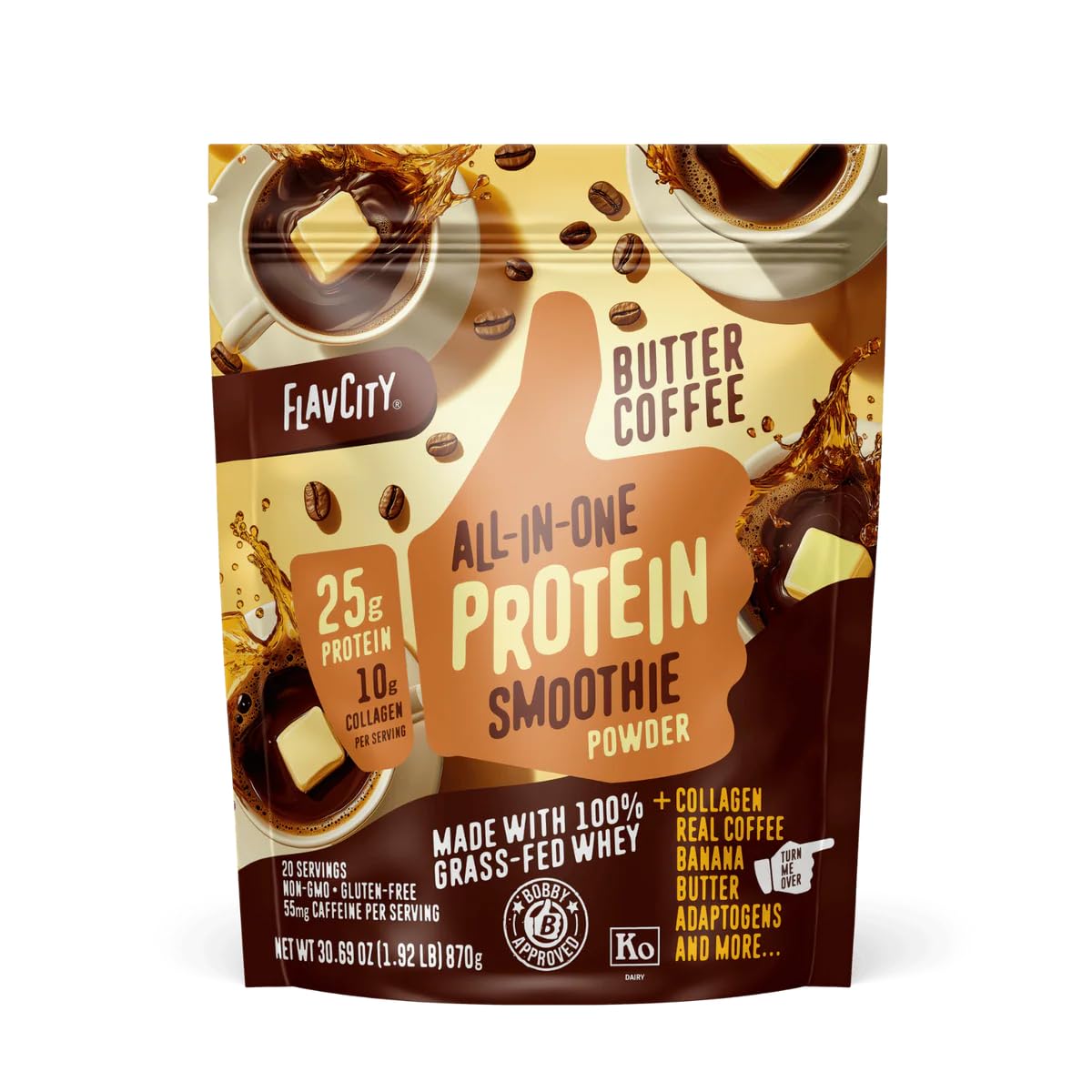 - Grass Fed Whey Protein Powder - Butter Coffee - 25g Protein, 10g Collagen & 55mg Caffeine - Made with Organic Reishi & Cordyceps - Gluten Free & No Added Sugars (20 Servings)