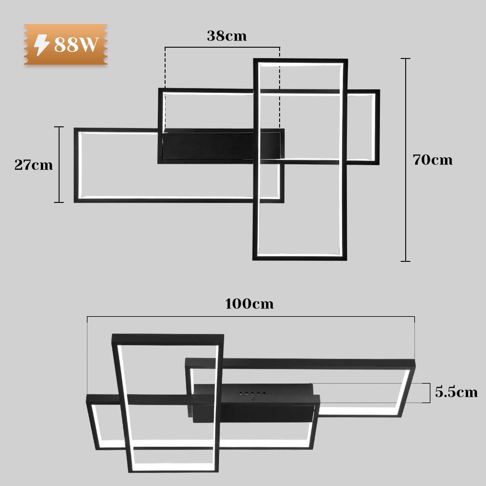 GBLY Nowoczesna lampa sufitowa LED - duża czarna lampa do salonu ściemniana za pomocą pilota Geometryczna lampa pokojowa 51W Oświetlenie sufitowe (100x70x8cm)