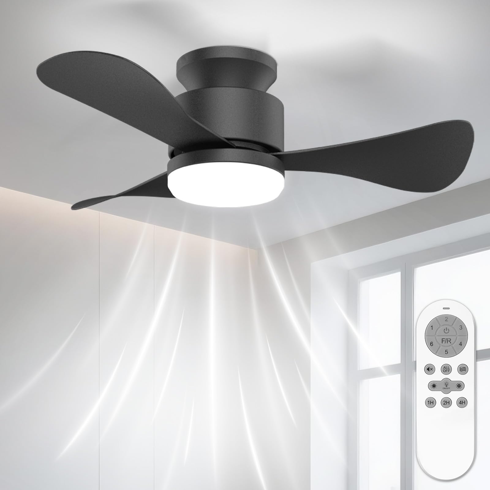 Pequeño 71cm Ventilador de Techo con Luz Silencioso, Regulable Ventilador Techo con Mando a Distancia y Reversible Motor DC para Dormitorio Salon Cocina, 6 Velocidades