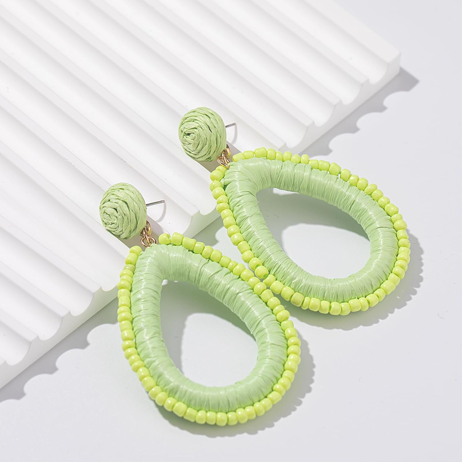 Beaded Teardrop Earrings Boho Raffia Earrings Statement Tear Drop Earrings Trendy Summer Jewelry for Women - Image 5