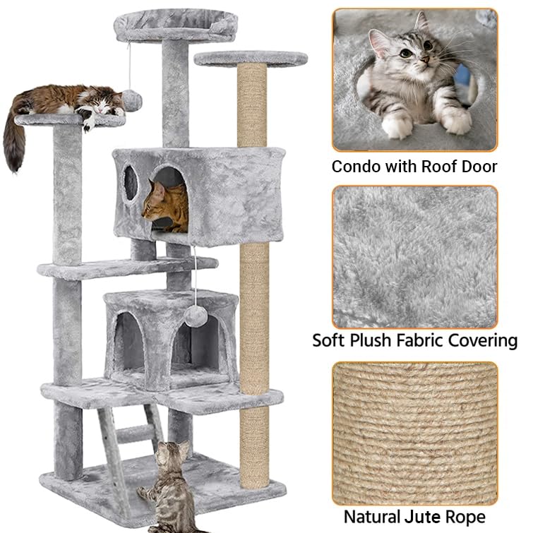 Image of Mellifluous Fur Fabric Activity Kitten Cat Tree - Ladder | Multiple Seats | Condos | Furry Balls | Jute Rope Scratching Posts (Grey) (Height 62 Inch)