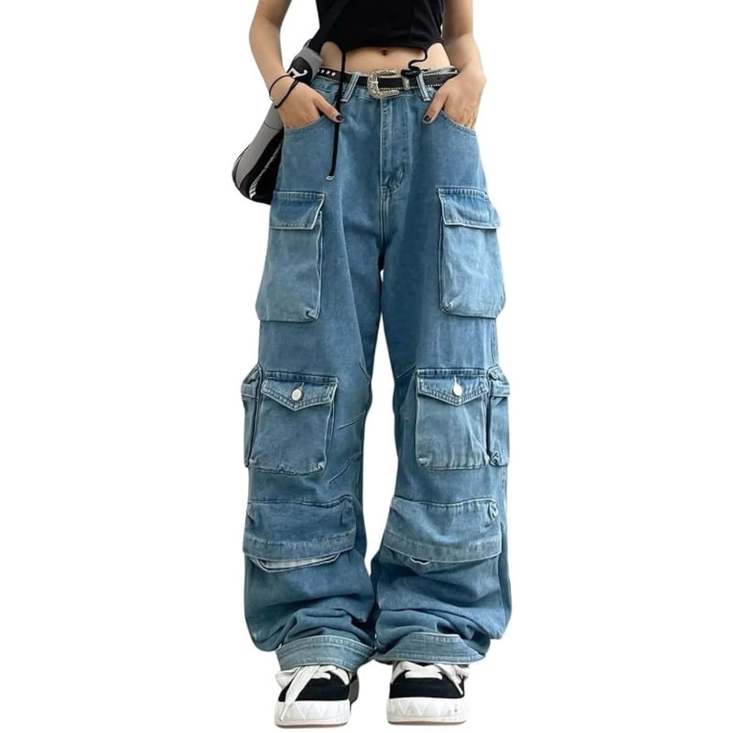 Hugboom Baggy Cargo Pants for Women Girls Wide Leg Jeans Y2k Hip Hop Streetwear Low Rise Oversized Jeans Grunge Clothes Blue, Blue2, XL