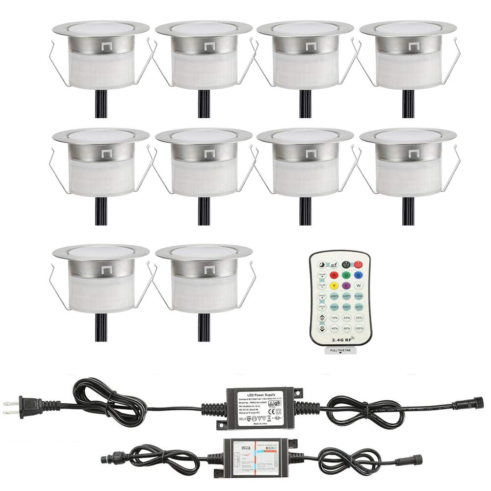FVTLED Pack of 10 Low Voltage LED Deck Lighting Kit RGB & Warm White Stainless Steel Waterproof Outdoor Landscape Garden Yard Patio Step Decoration Lamp LED In-ground Light (10pcs, RGBW)