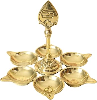 Putrika Brass Murugan Vel with 6 Wicks Kuber Diya|Pital Deepam for Pooja|Puja Deepak for Mandir|Oil Lamp for Temple Use|Karthigai Deepam Diya for Decoration [W 285g]- Arumuga Diya with Vel[Small]