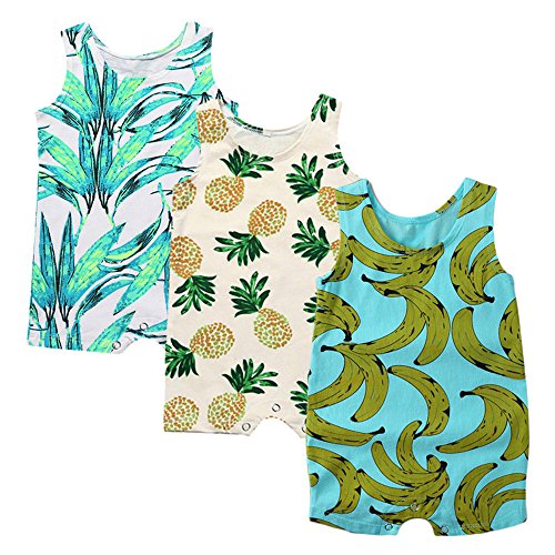 Image of Kids Tales Baby 3-Pack Boys Girls Sleeveless Romper Pineapple Heart Flower Bodysuit