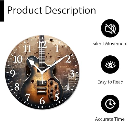 Miniatura 5 de Reloj de pared analógico a pilas, sin tictac, reloj decorativo para dormitorio, oficina, baño, guitarra musical eléctrica, estilo urbano (10