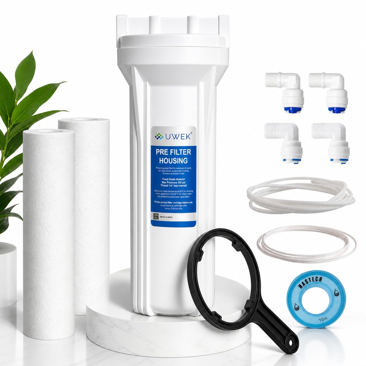 UWEK Pre Filter for RO Water Purifier, Prefilter Kit - Spun Cartridge, 1/4 & 3/8 Elbows, Food Grade Leak Free External Housing Compatible with Kent, Livpure, LG, Mi, Havells and Others-image-4
