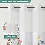 Pas de crochet 3 en 1 Rideau de douche avec Snap dans le lin, Fleurs colorées Rideau de Douche ensemble avec voir à travers la fenêtre supérieure, Lavable en machine Rideau de bain tissu imperméable, 71 x 74 dans