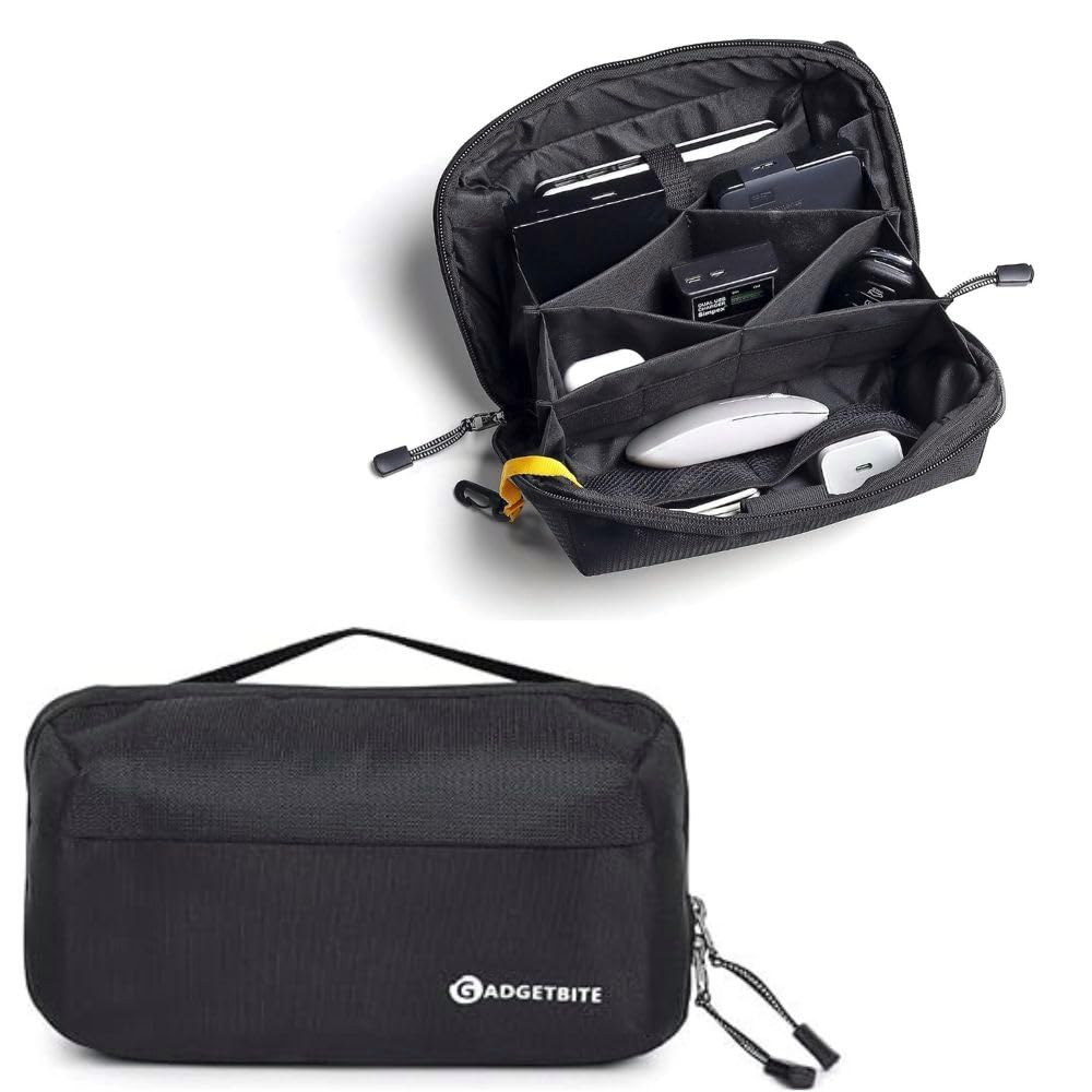 GadgetBite Stash Electronic Gadget Organizer Bag Waterproof with Foam Padding Travel Accessories Portable Storage Pouch for Cable Adapter Charger Hard Disk Case Ideal for Traveling and Office - Black