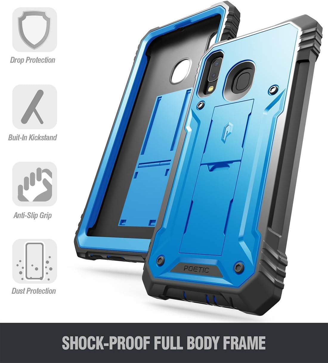 Galaxy A20 Rugged Case with Kickstand, Galaxy A30 Case, Poetic Full-Body Dual-Layer Shockproof Protective Cover, Built-in-Screen Protector, Revolution,Defender Case for Samsung Galaxy A20 /A30, Blue
