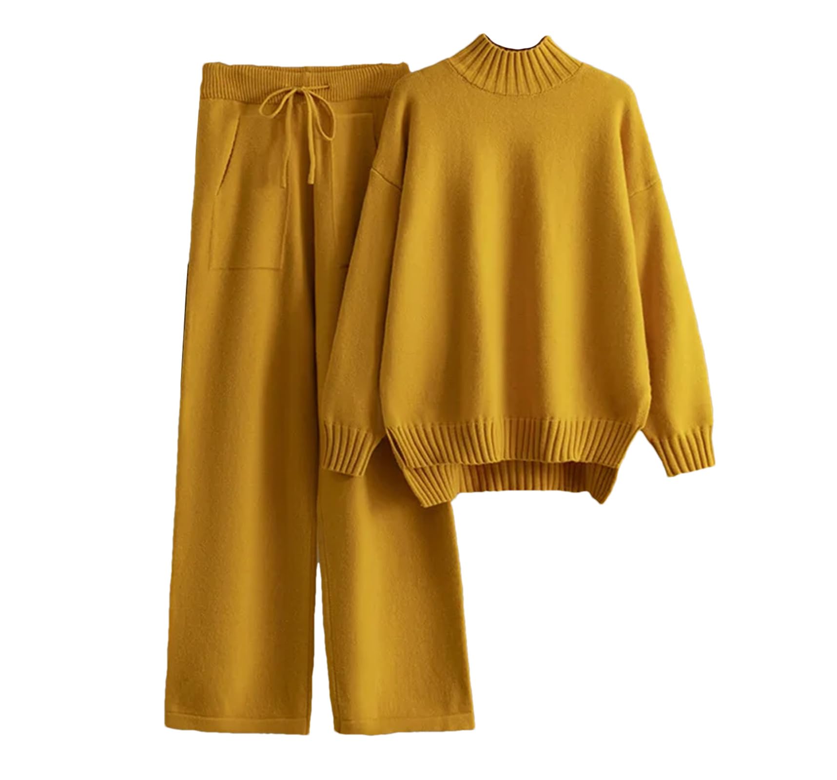 Womens Two Piece Winter Set Half Turtleneck Knitted Pullover Top with High Waist Sweatpants Thick Warm Outfit