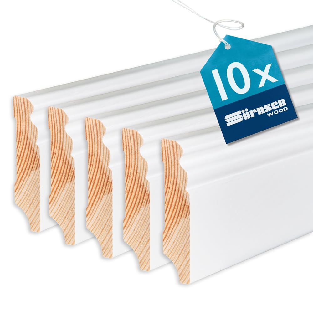Sockelleiste Kiefer – 16x70x2400 mm, 10 Stück, weiß RAL 9016 lackiert