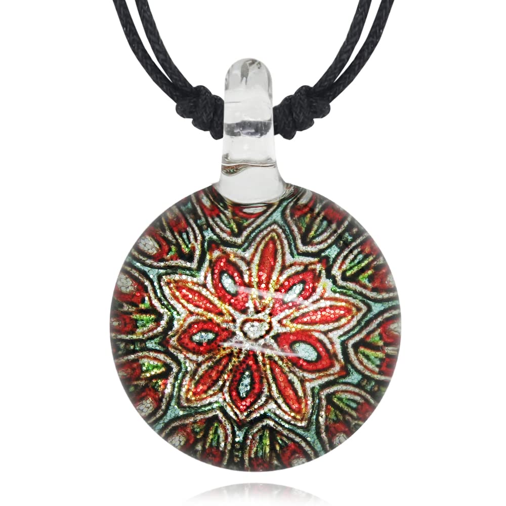 925 925Collections JewelryHand Blown Glass Multicolored Magic Mandala Flower Round Pendant Necklace 16"-30", Glass, No Gemstone