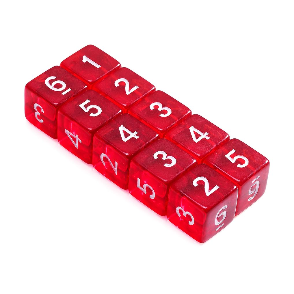 Juego de 10 dados poliédricos D6 de 16 mm de acrílico de 6 caras para juegos de mesa de Dungeons and Dragons RPG MTG DND (rojo transparente)