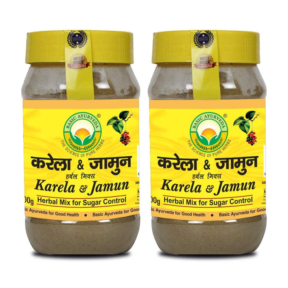 Basic Ayurveda Karela & Jamun Powder | Herbal Mix for Sugar Control | 100% Ayurvedic Supplement | Helps Maintain Blood Sugar Levels | Diabetic Care | 200g (Pack of 2)