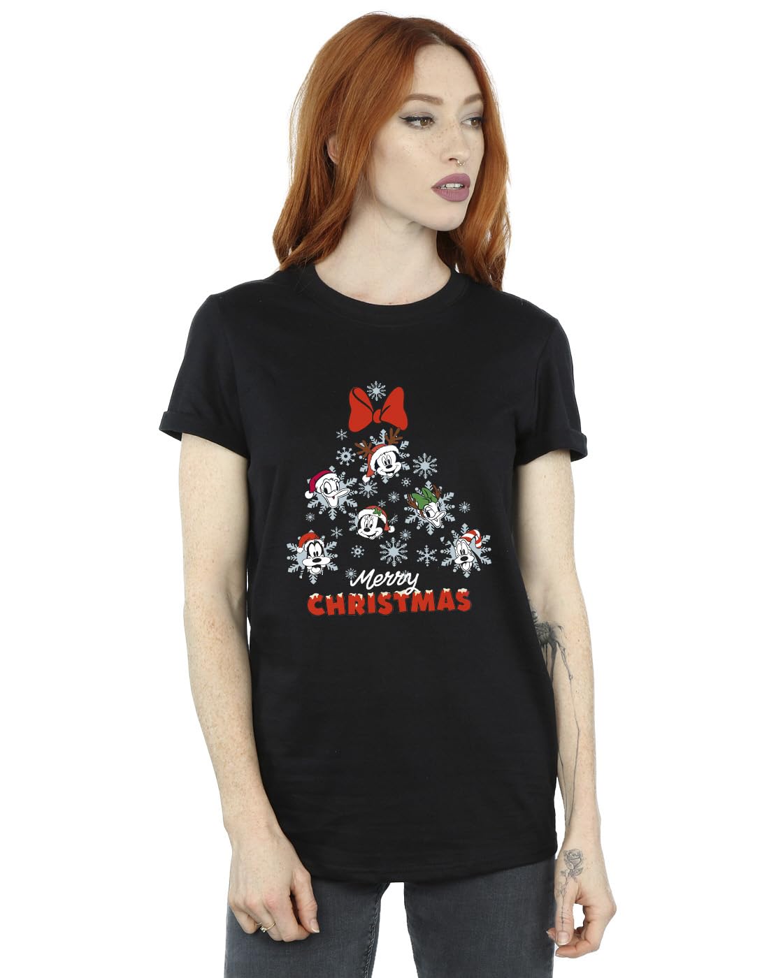 Disney Women's Mickey Mouse and Friends Christmas Tree Boyfriend Fit T-Shirt Black XXXX-Large