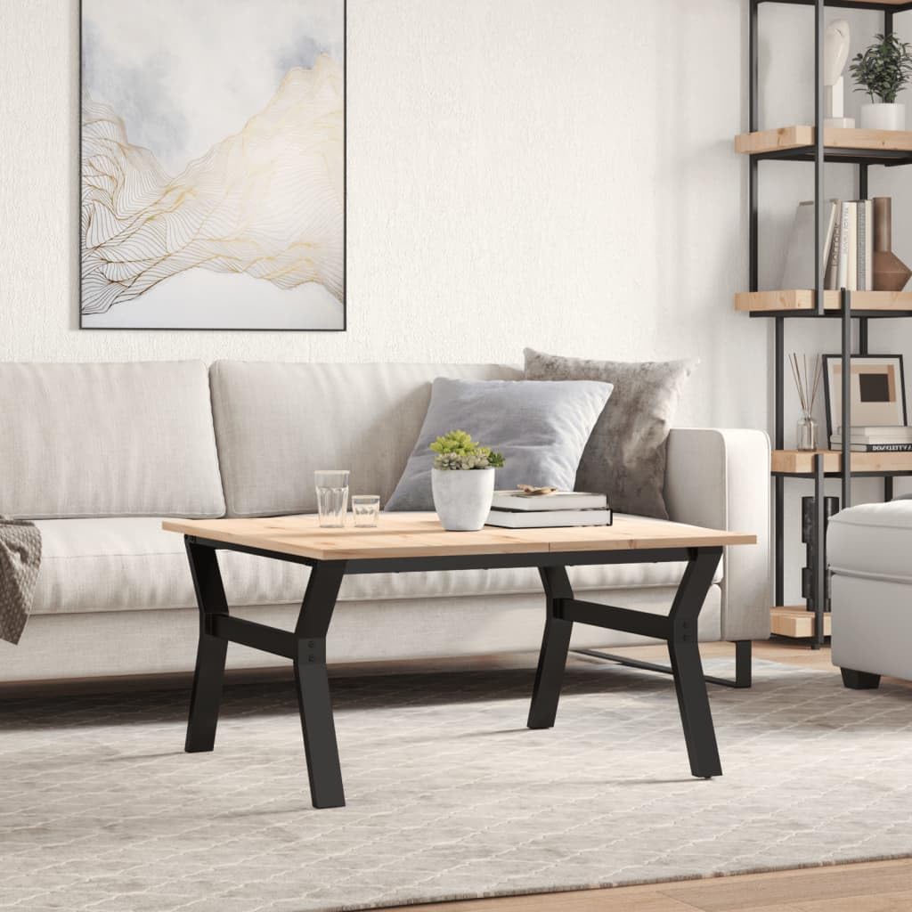 Mesa de centro en Y, 80 x 80 x 45 cm, madera maciza de pino, sin tratar, robusto marco de acero pulverizado, elegante mobiliario de salón, ideal para aperitivos y decoración