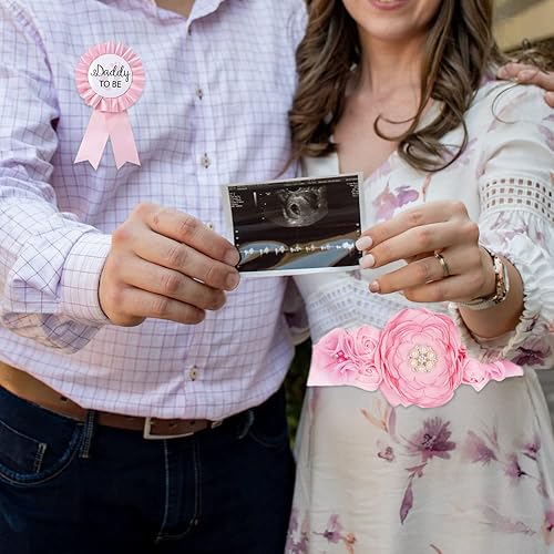 Miniatura 3 de Banda y alfiler rosa para baby shower, banda de maternidad y ramillete de mamá y papá, conjunto de ramillete para niña, cinturón de perlas, flores