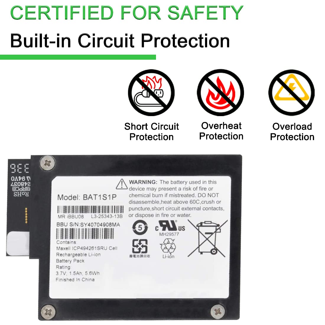 BAT1S1P Batteria di Ricambio per LSI MegaRaid 81Y4451 M5000 M5014 M5015 9260-8i 9280-8i Series iBBU08 M5016 MR10I 81Y4490 (3.7V 1.5Ah 5.6Wh)