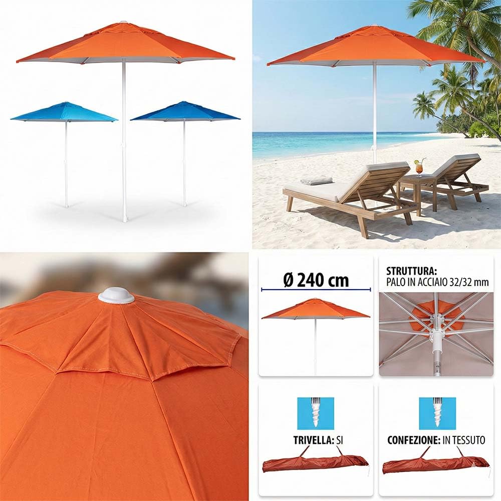 Ombrellone da Spiaggia Giardino Antivento grande Diametro 240 cm con Trivella Integrata e Airvent Struttura in Acciaio Rinforzato a 6 Stecche Tessuto Poliestere Alta Qualità Sacca Inclusa
